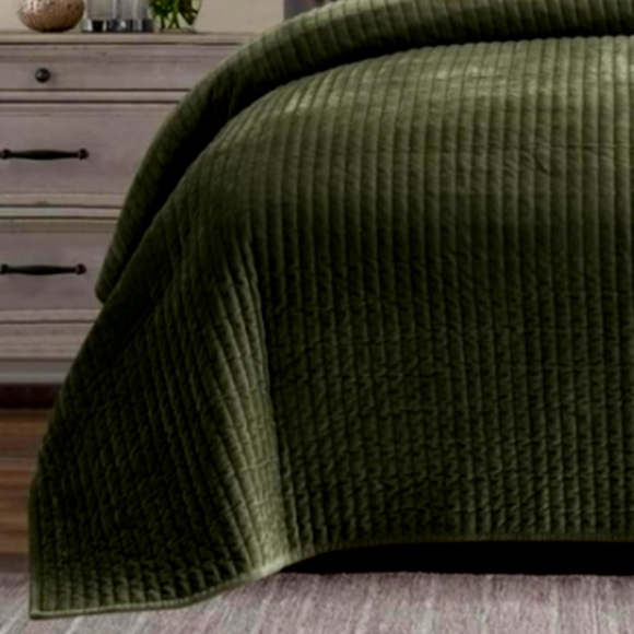 Queen Size Army Green Striped Velvet Quilted Coverlet Bedspread Shams Quilt Set - Picture 13 of 14